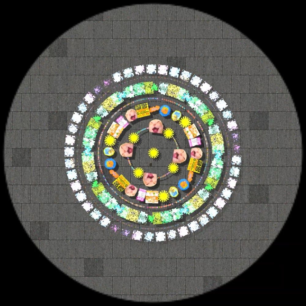 After everyone has stayed fifteen seconds — disappearance begins, colour draining from the outermost ring inward